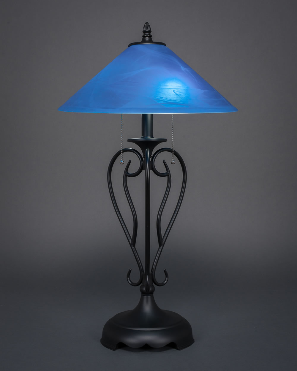 Olde Iron Table Lamp Shown In Matte Black Finish With 16" Blue Italian Glass