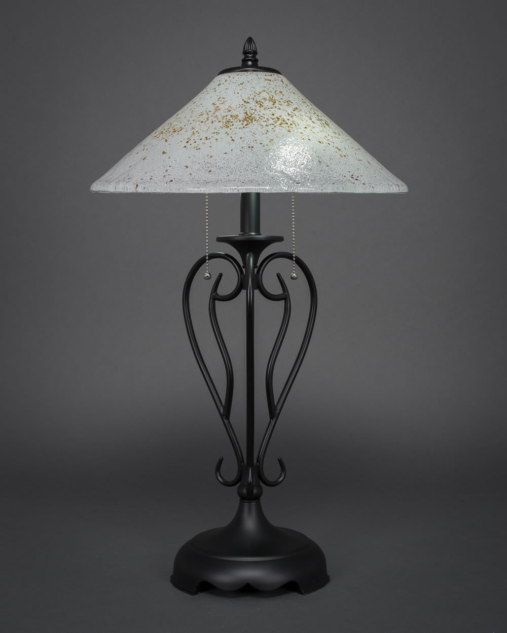 Olde Iron Table Lamp Shown In Matte Black Finish With 16" Gold Ice Glass