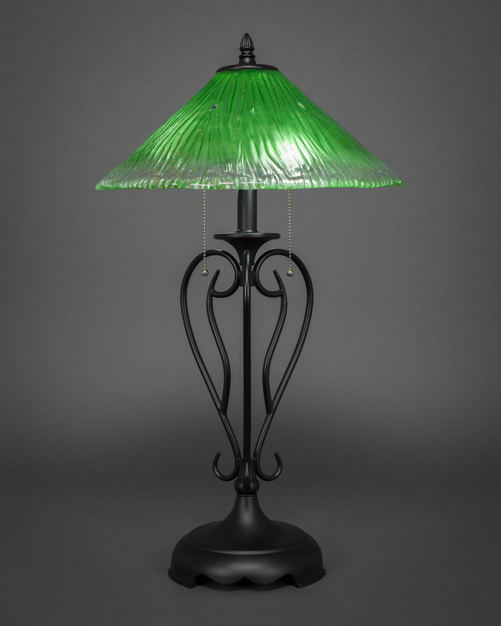 Olde Iron Table Lamp Shown In Matte Black Finish With 16" Kiwi Green Crystal Glass
