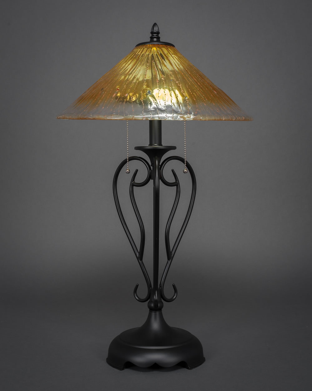 Olde Iron Table Lamp Shown In Matte Black Finish With 16" Gold Champagne Crystal Glass