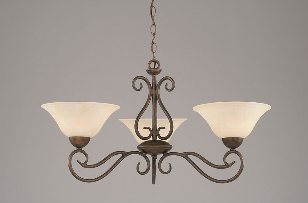Olde Iron 3 Light Chandelier Shown In Bronze Finish With 10" Amber Marble Glass