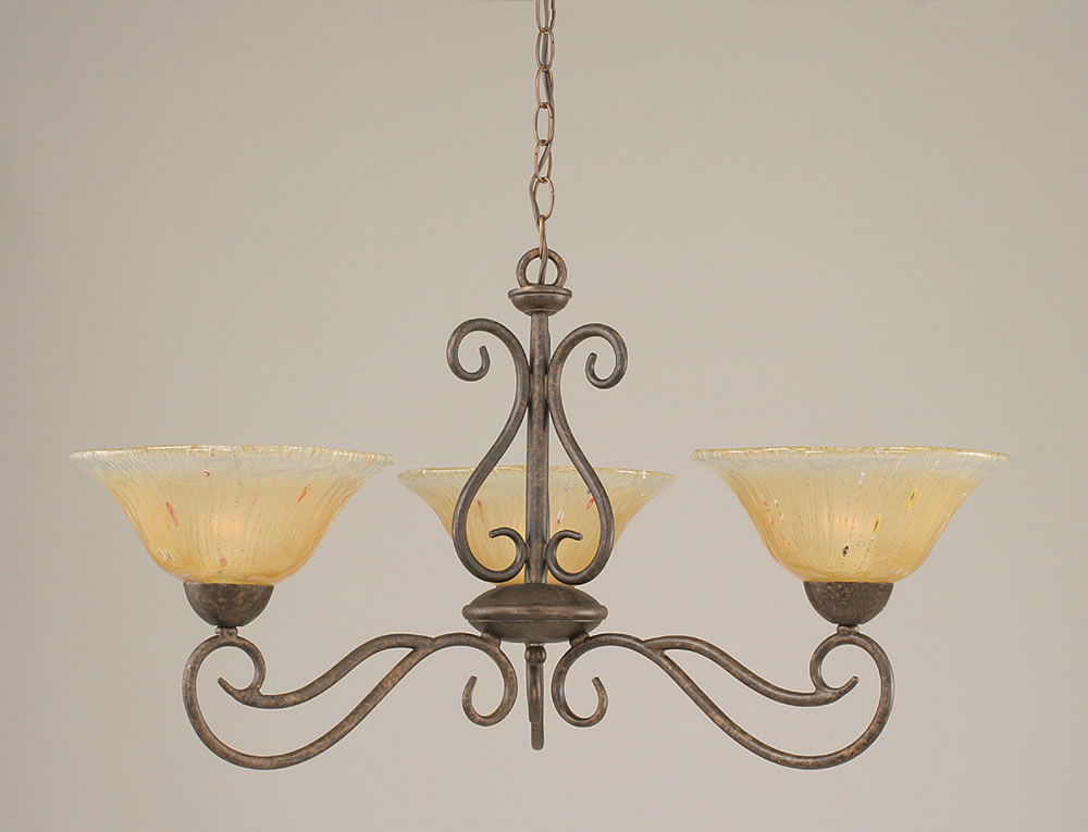 Olde Iron 3 Light Chandelier Shown In Bronze Finish With 10" Amber Crystal Glass