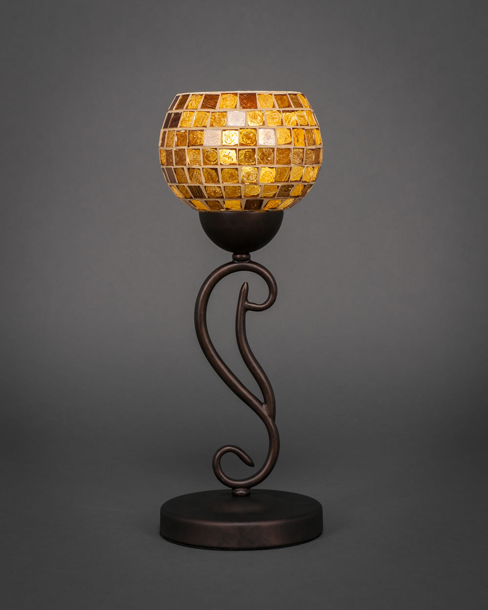 Olde Iron Mini Table Lamp Shown In Bronze Finish With 6" Copper Mosaic Glass
