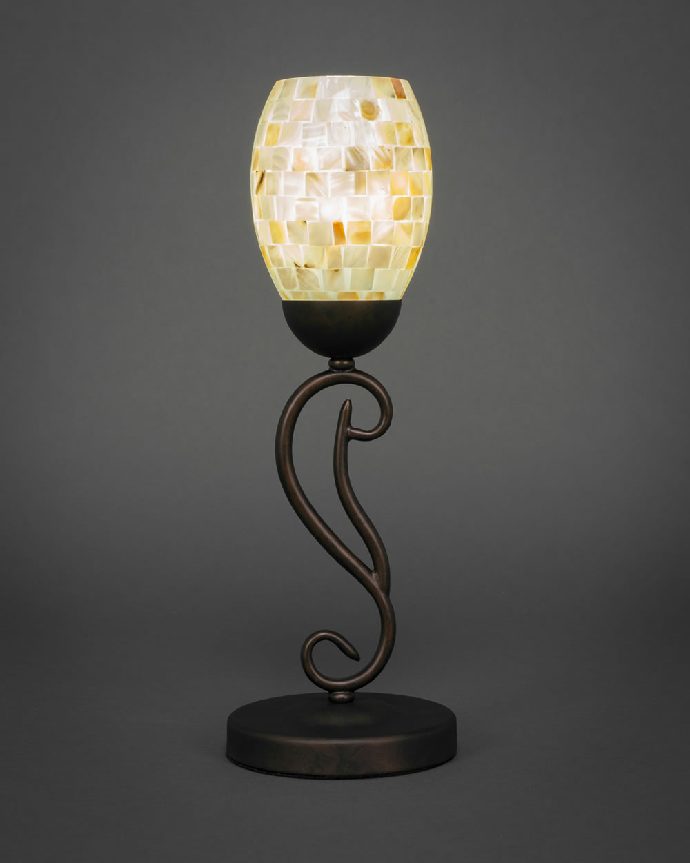 Olde Iron Mini Table Lamp Shown In Bronze Finish With 5" Ivory Glaze Seashell Glass