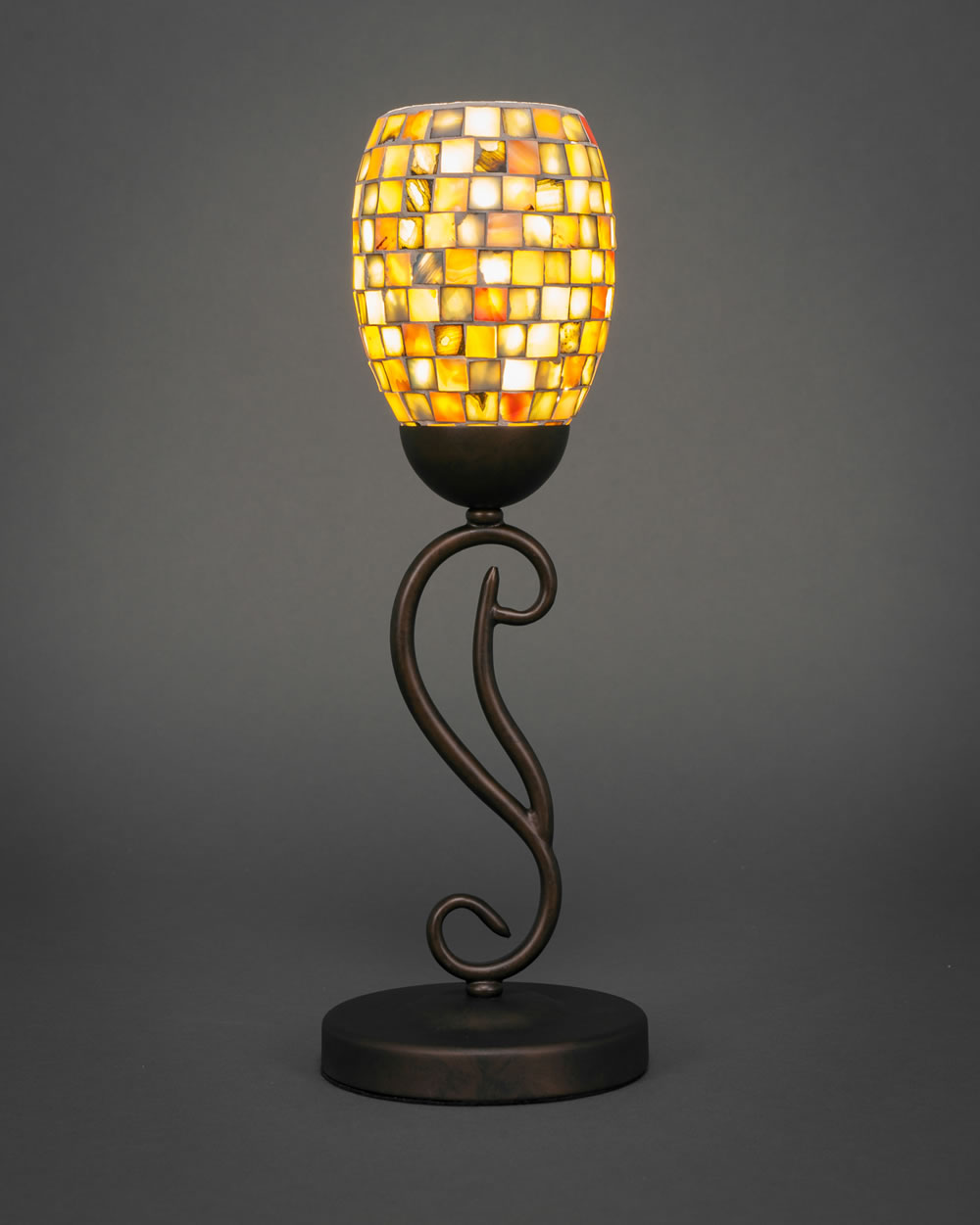 Olde Iron Mini Table Lamp Shown In Bronze Finish With 5" Sea Haze Seashell Glass