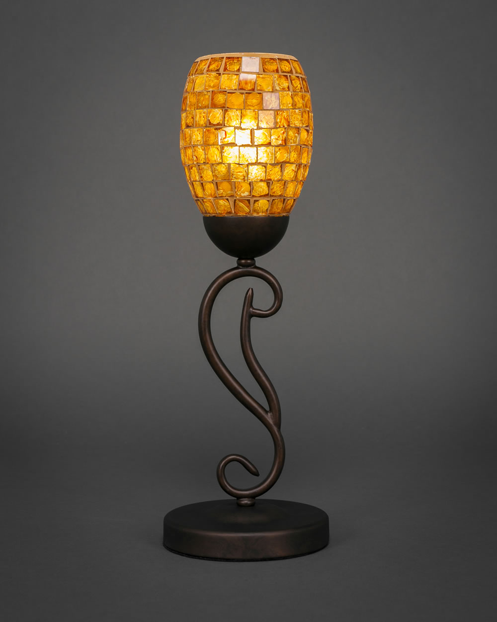 Olde Iron Mini Table Lamp Shown In Bronze Finish With 5" Copper Mosaic Glass