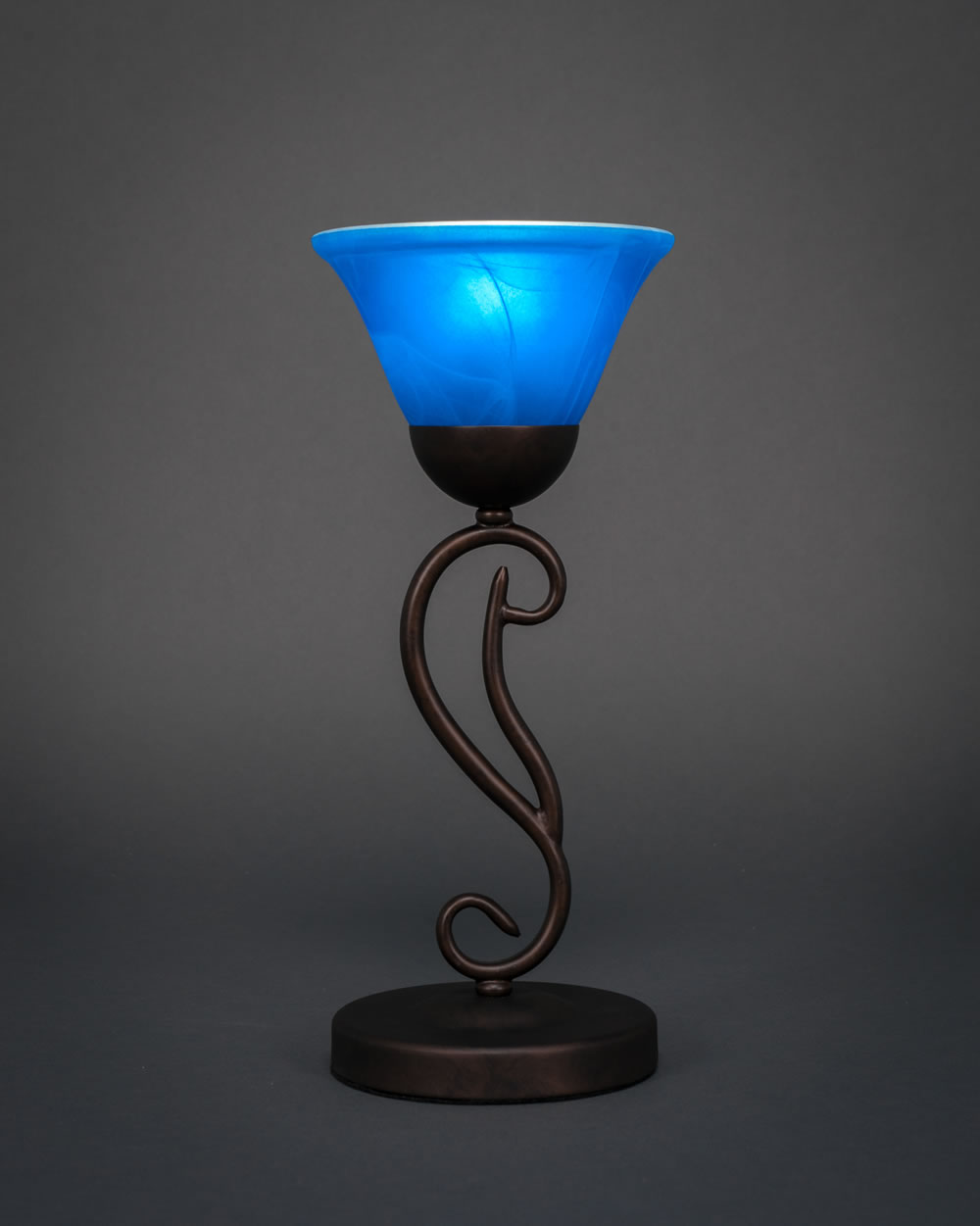 Olde Iron Mini Table Lamp Shown in Bronze Finish With 7 Blue Italian Glass