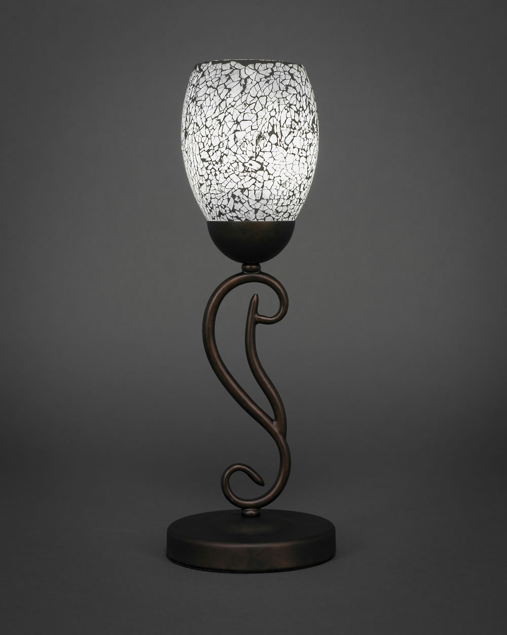 Olde Iron Mini Table Lamp Shown In Bronze Finish With 5" Black Fusion Glass