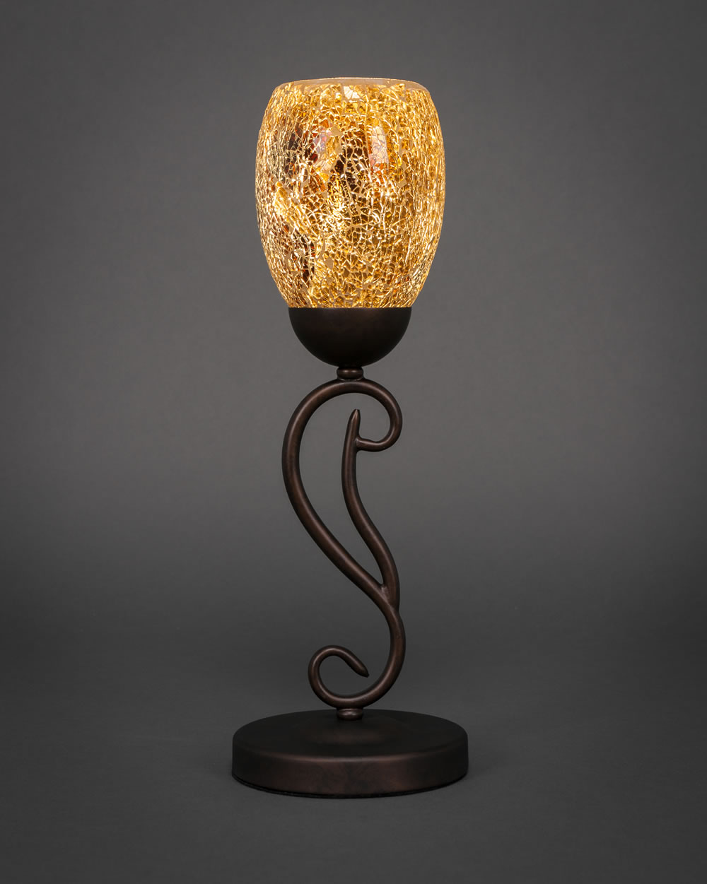 Olde Iron Mini Table Lamp Shown in Bronze Finish With 5 Gold Fusion Glass