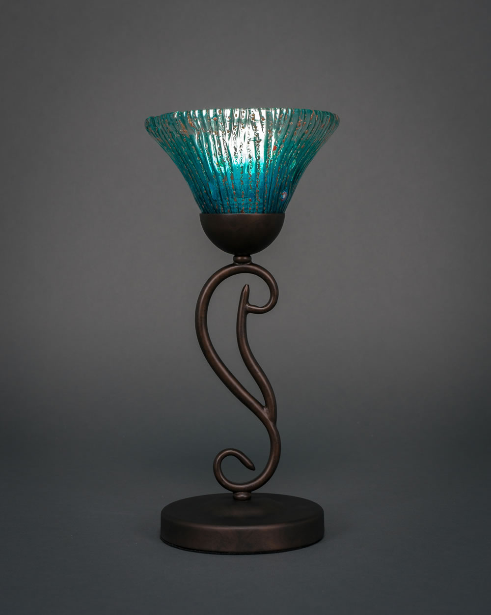 Olde Iron Mini Table Lamp Shown in Bronze Finish With 7 Teal Crystal Glass