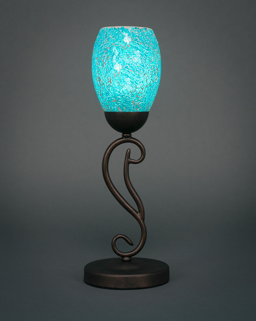 Olde Iron Mini Table Lamp Shown In Bronze Finish With 5" Turquoise Fusion Glass