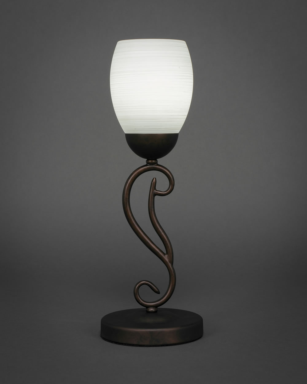 Olde Iron Mini Table Lamp Shown in Bronze Finish With 5 White Linen Glass