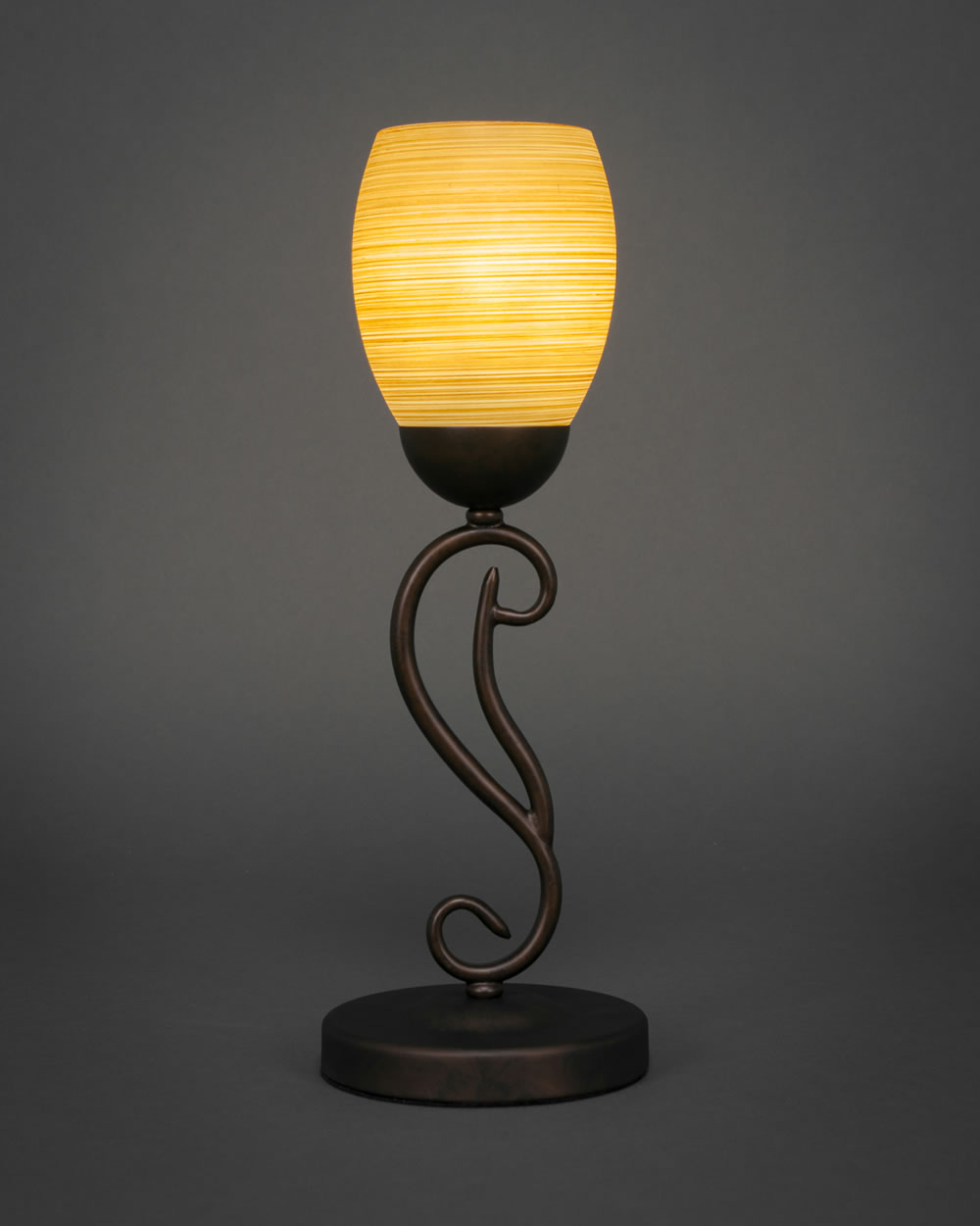 Olde Iron Mini Table Lamp Shown in Bronze Finish With 5 Cayenne Linen Glass