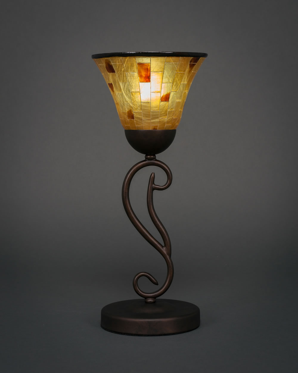 Olde Iron Mini Table Lamp Shown in Bronze Finish With 7 Penshell Resin Shade
