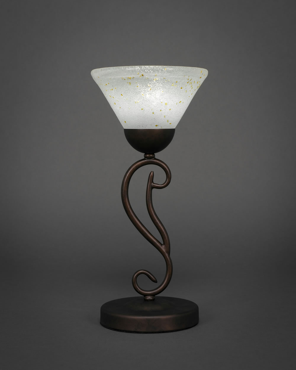 Olde Iron Mini Table Lamp Shown in Bronze Finish With 7 Gold Ice Glass