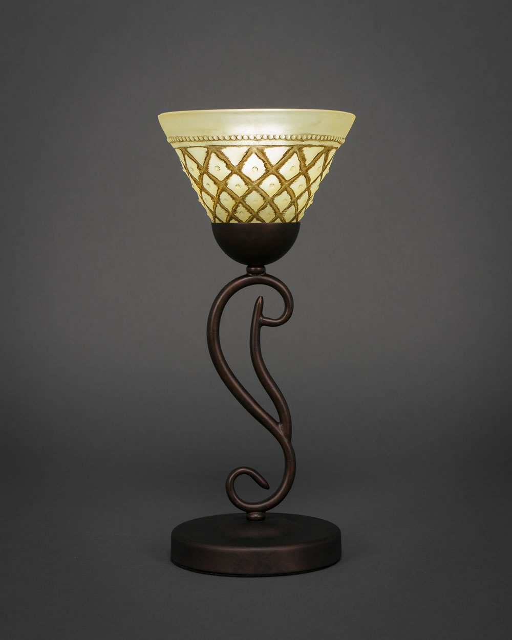 Olde Iron Mini Table Lamp Shown in Bronze Finish With 7 Chocolate Icing Glass