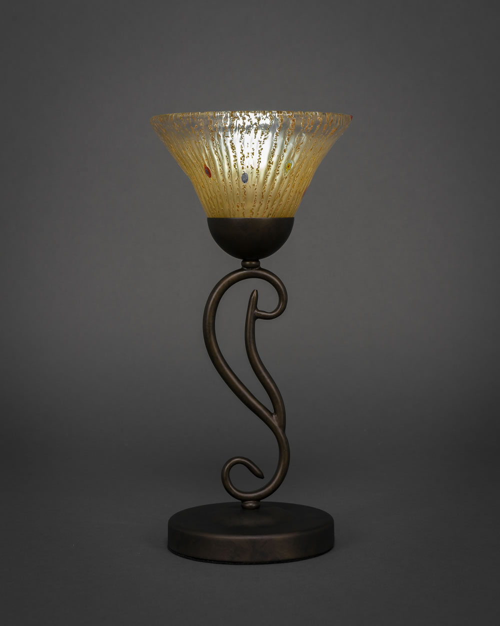 Olde Iron Mini Table Lamp Shown in Bronze Finish With 7 Amber Crystal Glass