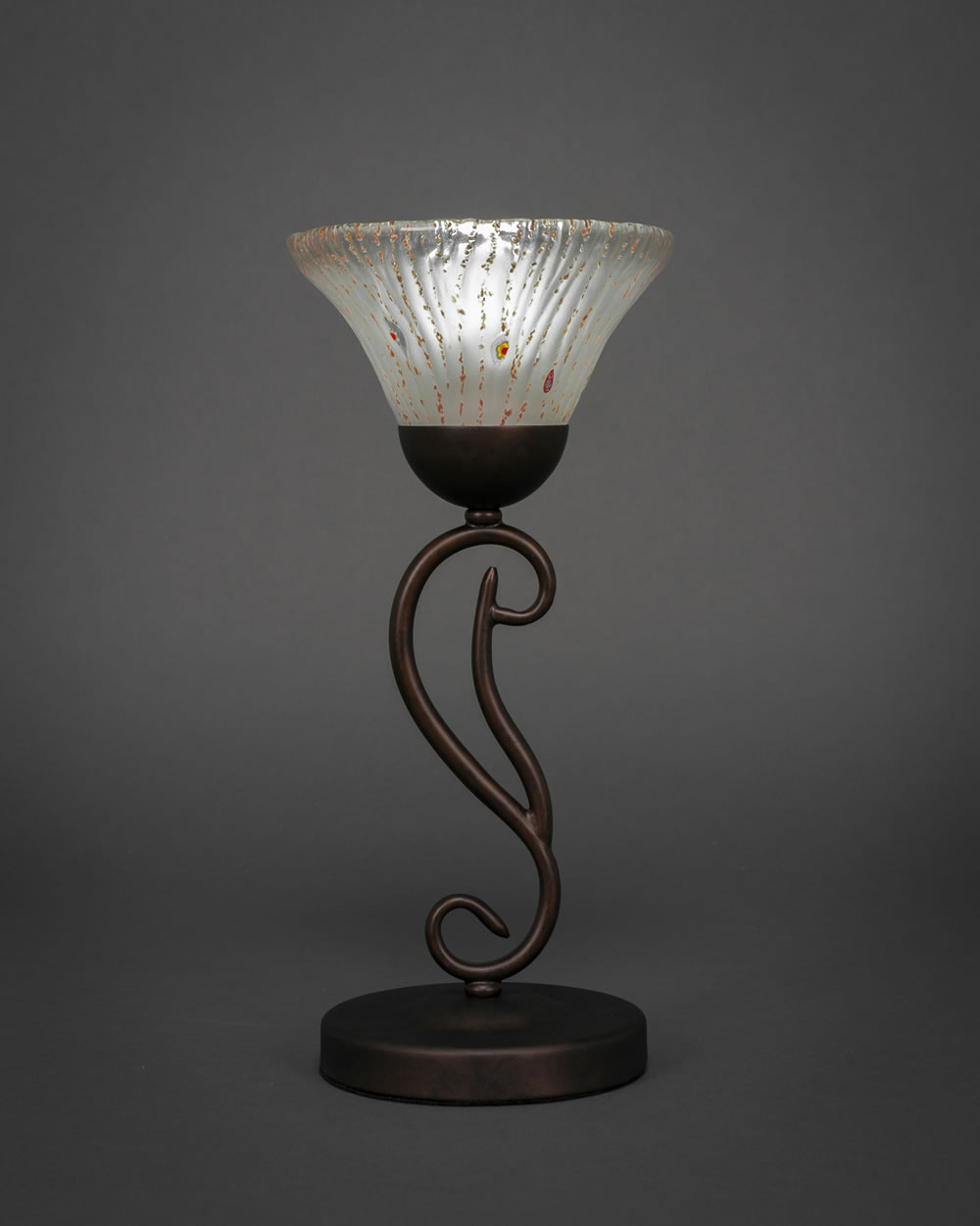 Olde Iron Mini Table Lamp Shown in Bronze Finish With 7 Frosted Crystal Glass