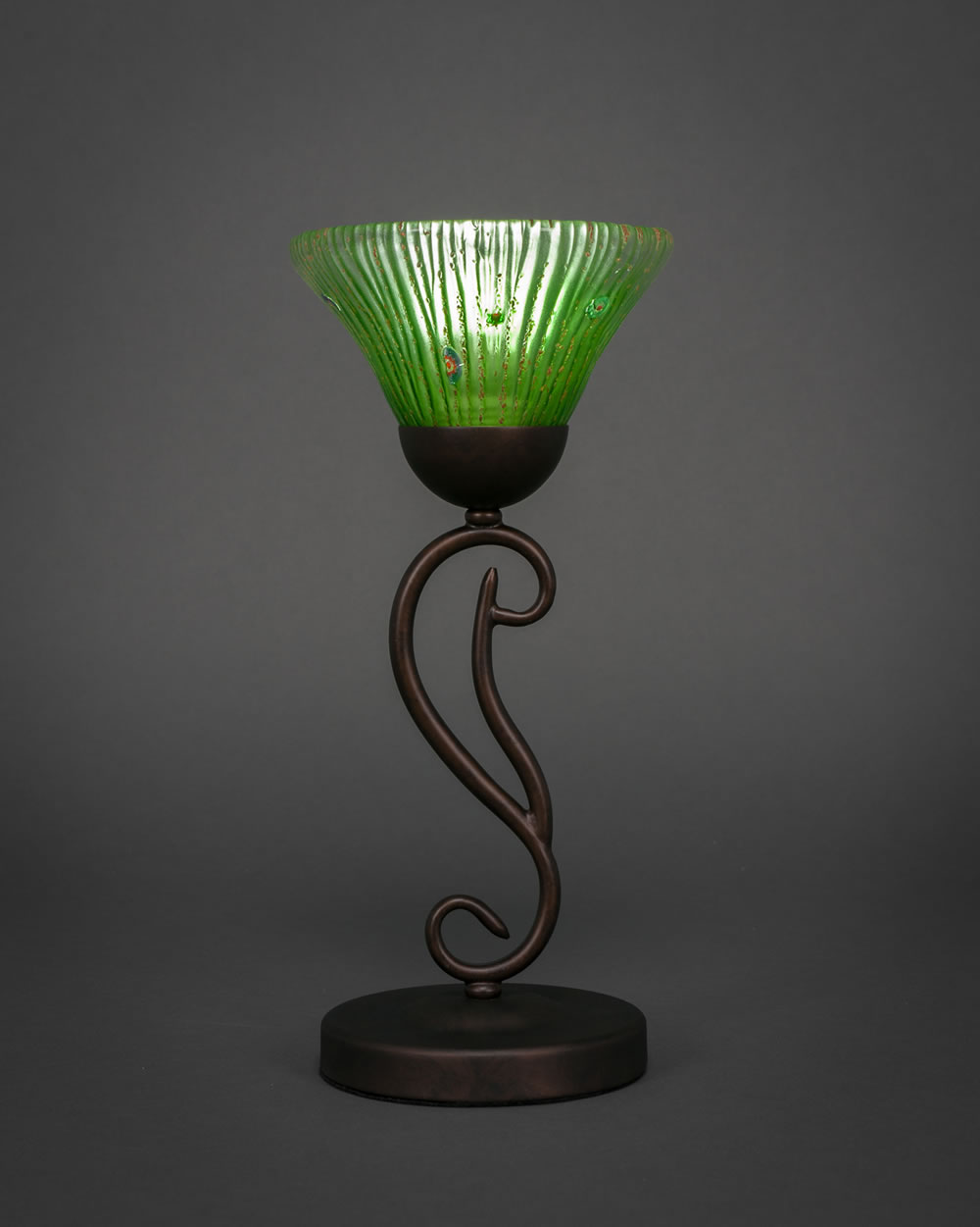 Olde Iron Mini Table Lamp Shown in Bronze Finish With 7 Kiwi Green Crystal Glass