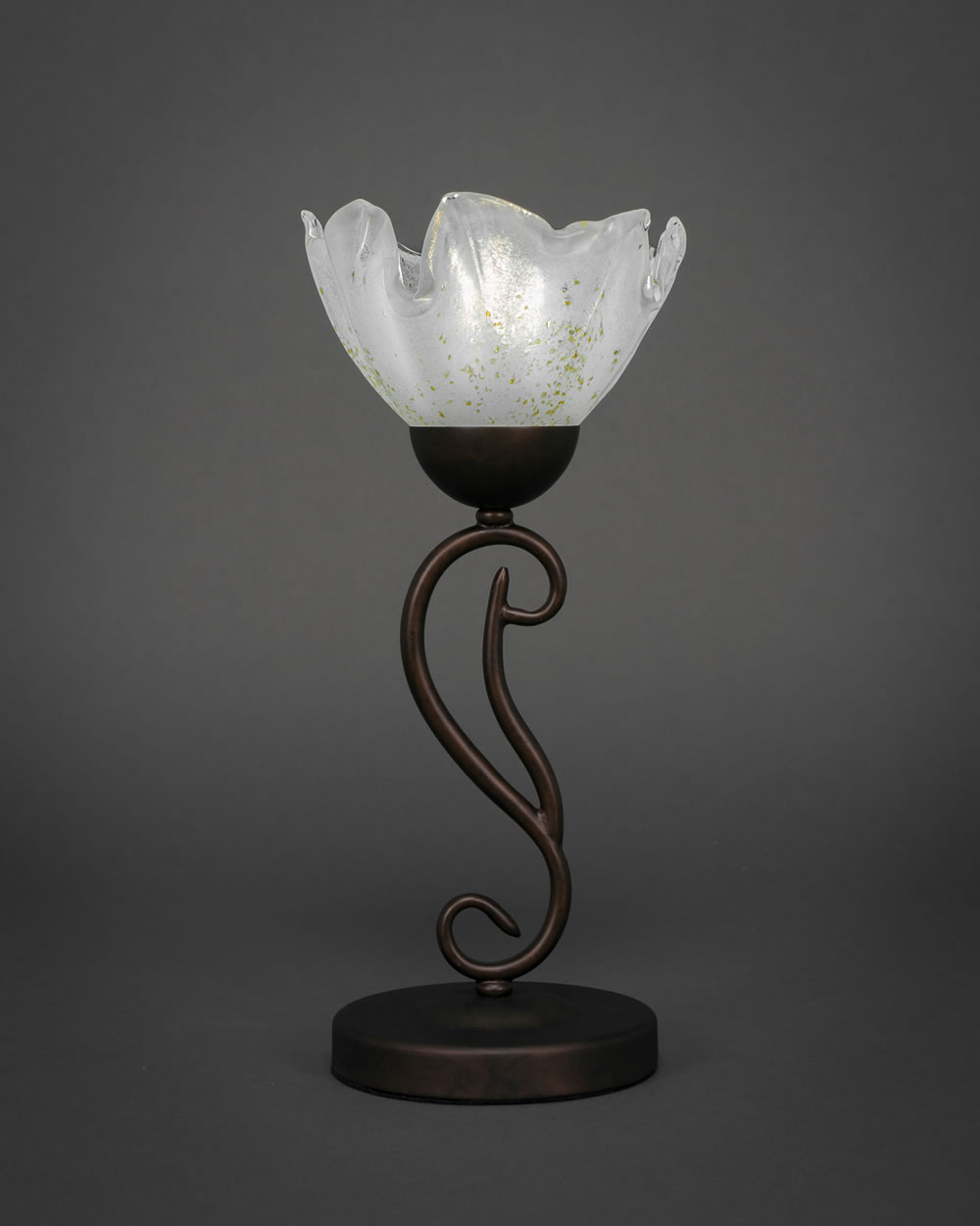 Olde Iron Mini Table Lamp Shown in Bronze Finish With 7 Gold Ice Glass