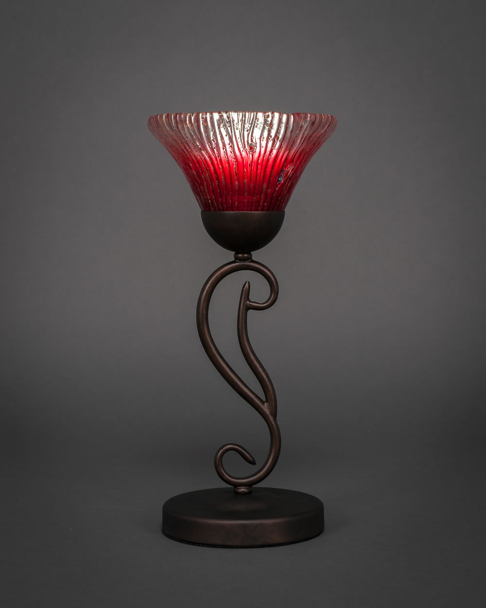 Olde Iron Mini Table Lamp Shown in Bronze Finish With 7 Raspberry Crystal Glass