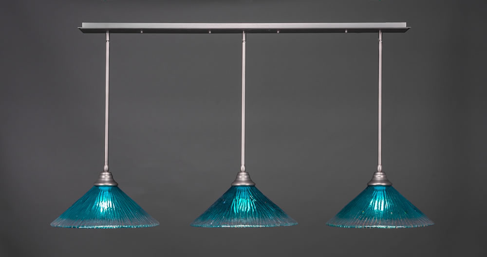 3 Light Multi Light Pendant With Hang Straight Swivels Shown In Brushed Nickel Finish With 16" Teal Crystal Glass