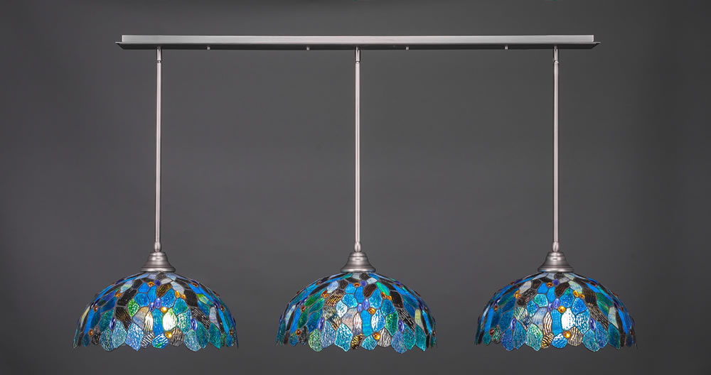 3 Light Multi Light Pendant With Hang Straight Swivels Shown In Brushed Nickel Finish With 16" Blue Mosaic Tiffany Glass