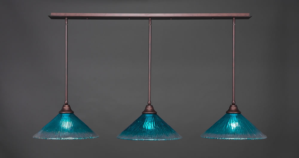 3 Light Multi Light Pendant With Hang Straight Swivels Shown In Bronze Finish With 16" Teal Crystal Glass