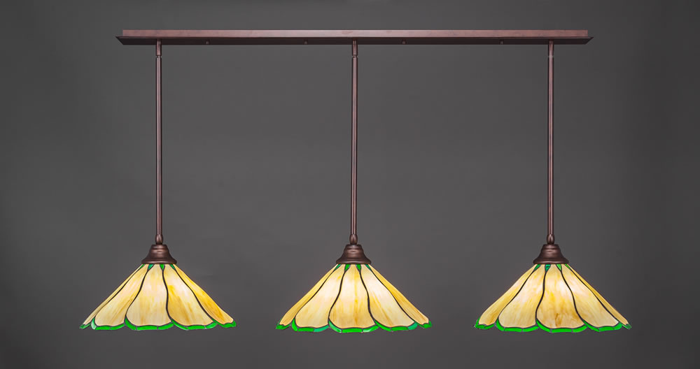 3 Light Multi Light Pendant With Hang Straight Swivels Shown In Bronze Finish With 16" Honey & Hunter Green Flair Tiffany Glass