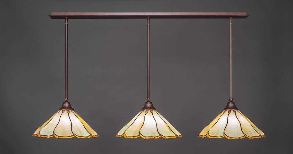 3 Light Multi Light Pendant With Hang Straight Swivels Shown In Bronze Finish With 16" Honey & Brown Flair Tiffany Glass