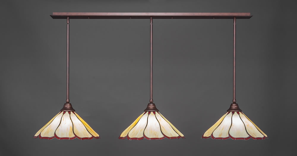 3 Light Multi Light Pendant With Hang Straight Swivels Shown In Bronze Finish With 16" Honey & Burgundy Flair Tiffany Glass
