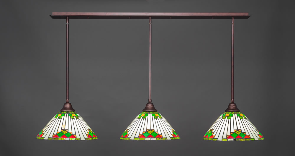 3 Light Multi Light Pendant With Hang Straight Swivels Shown In Bronze Finish With 15" Green Sunray Tiffany Glass