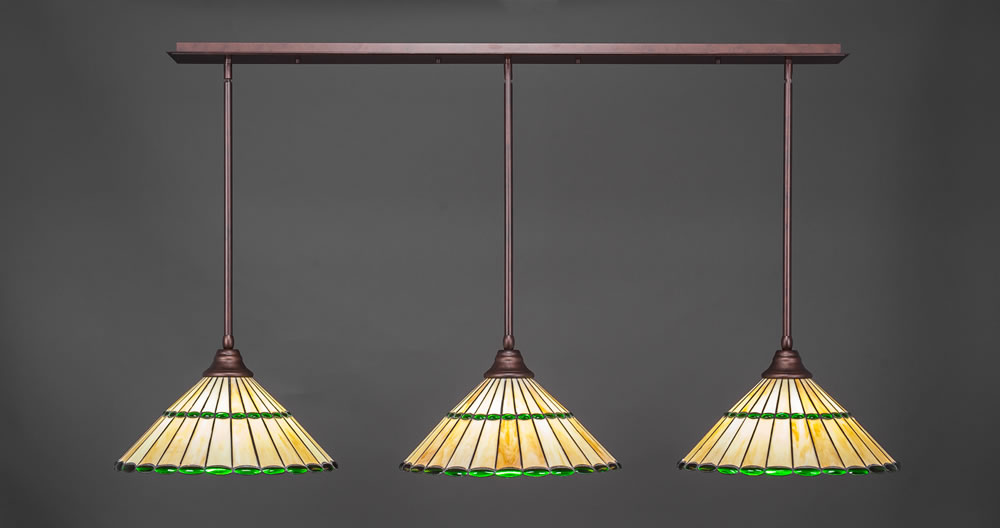 3 Light Multi Light Pendant With Hang Straight Swivels Shown In Bronze Finish With 15.5" Honey Glass & Green Jewels Tiffany Glass