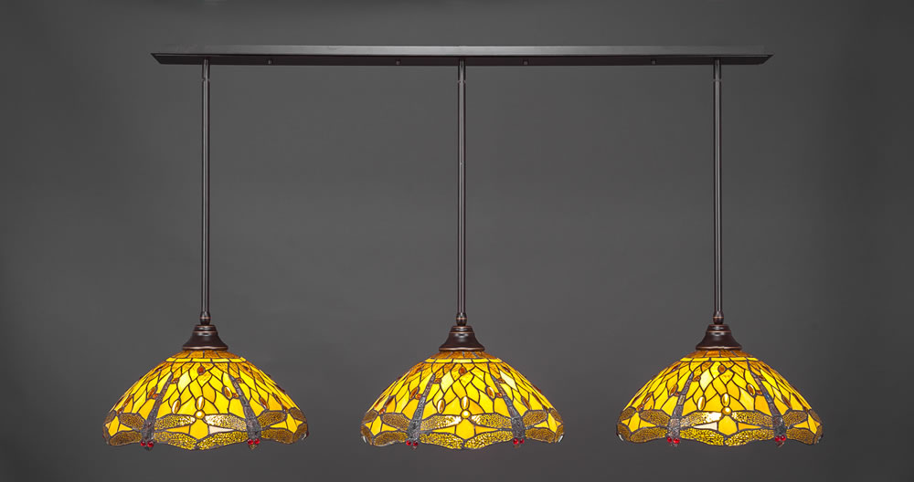 3 Light Multi Light Pendant With Hang Straight Swivels Shown In Dark Granite Finish With 16" Amber Dragonfly Tiffany Glass