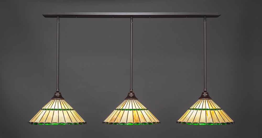 3 Light Multi Light Pendant With Hang Straight Swivels Shown In Dark Granite Finish With 15.5" Honey Glass & Green Jewels Tiffany Glass
