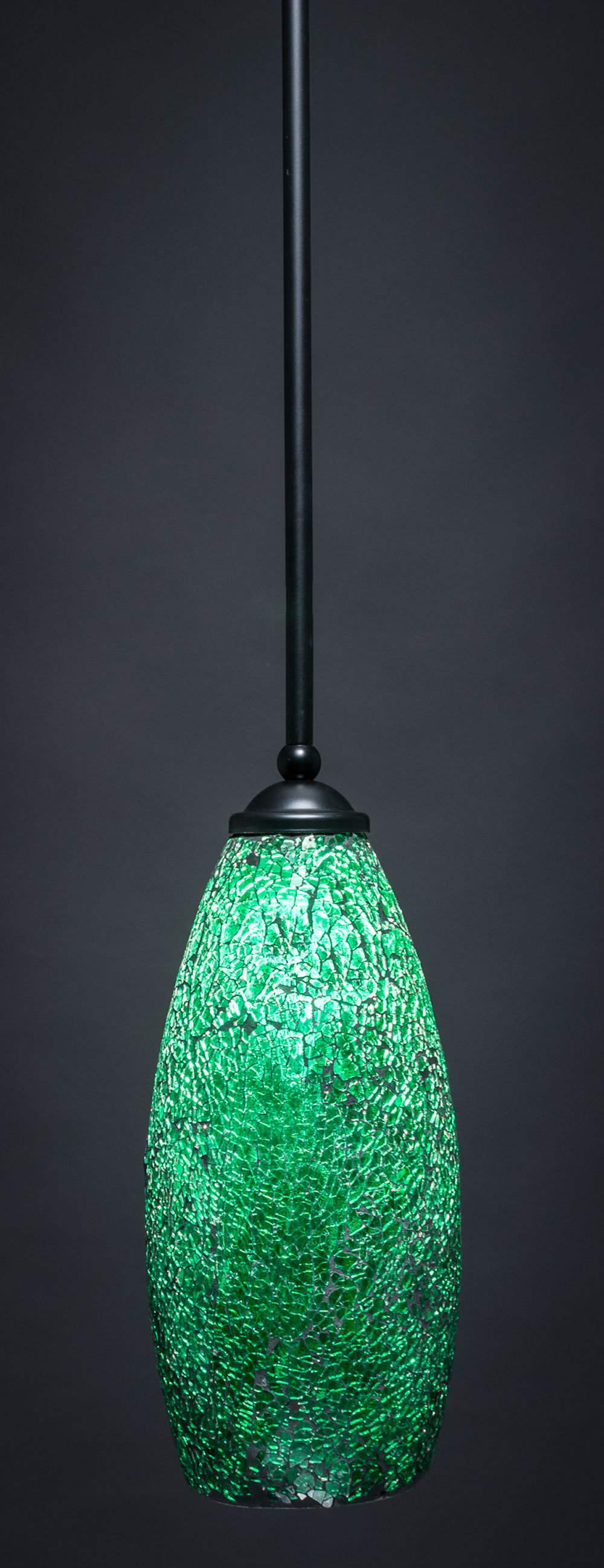 Zilo 1 Light Mini Pendant Shown In Matte Black Finish With 5.5" Green Fusion Glass