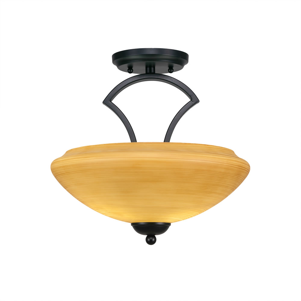 Zilo Semi Flush With 2 Bulbs Shown In Matte Black Finish With 14" Zilo Cayenne Linen Glass