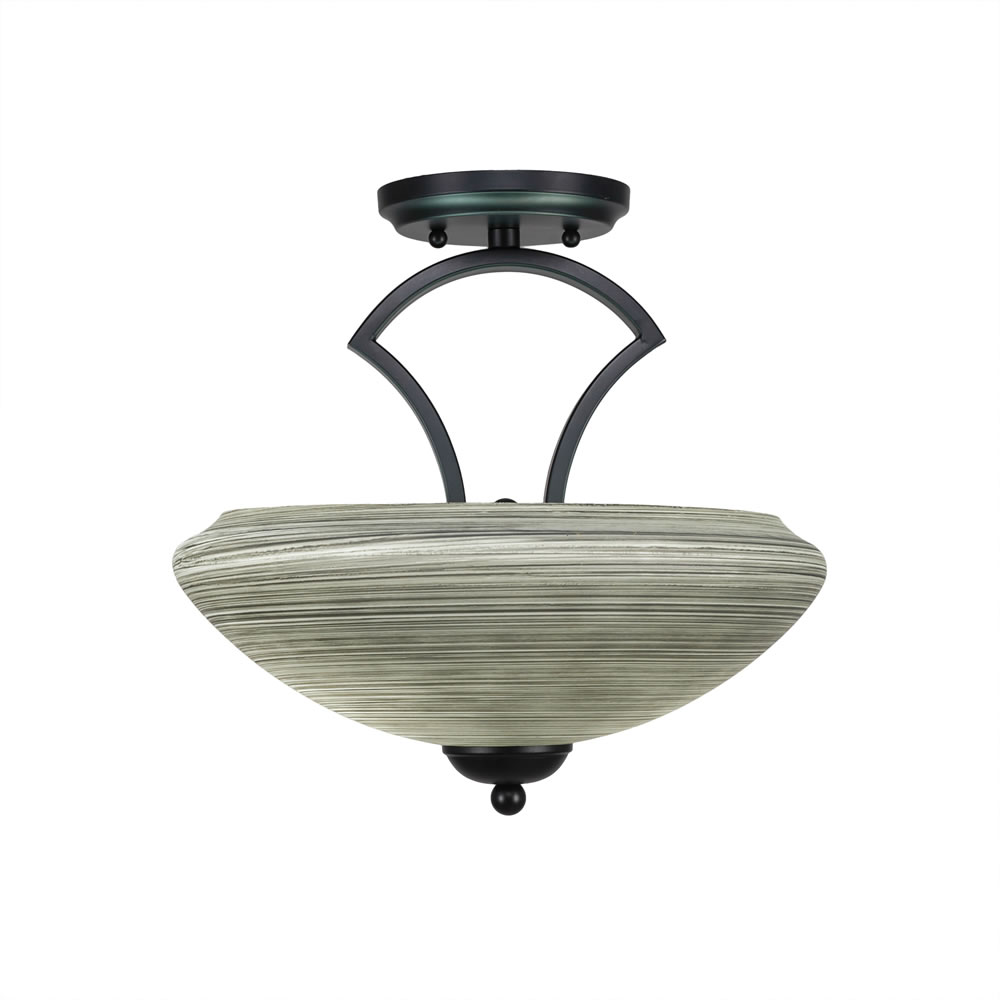 Zilo Semi Flush With 2 Bulbs Shown In Matte Black Finish With 14" Zilo Gray Linen Glass