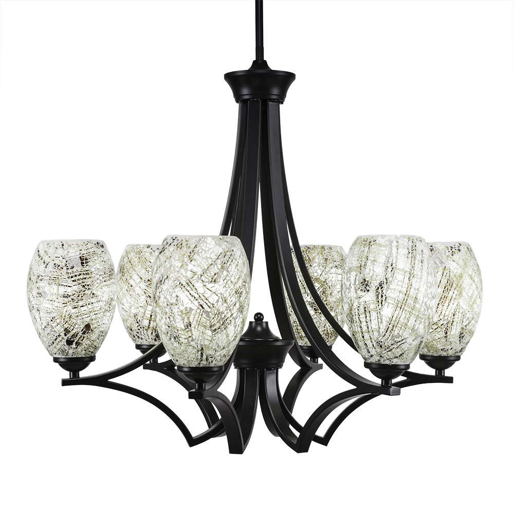 Zilo 6 Light Chandelier Shown In Matte Black Finish With 5" Natural Fusion Glass