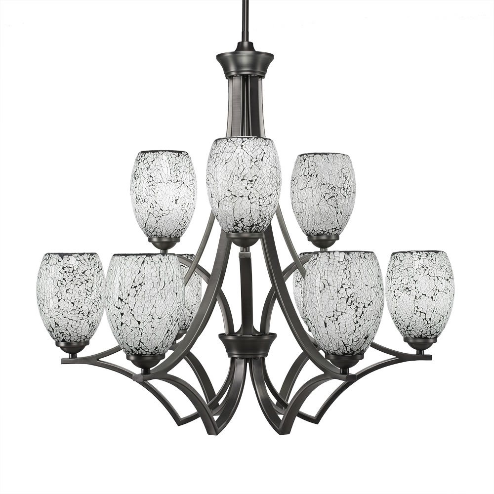 Zilo 9 Light Chandelier Shown In Graphite Finish With 5" Black Fusion Glass