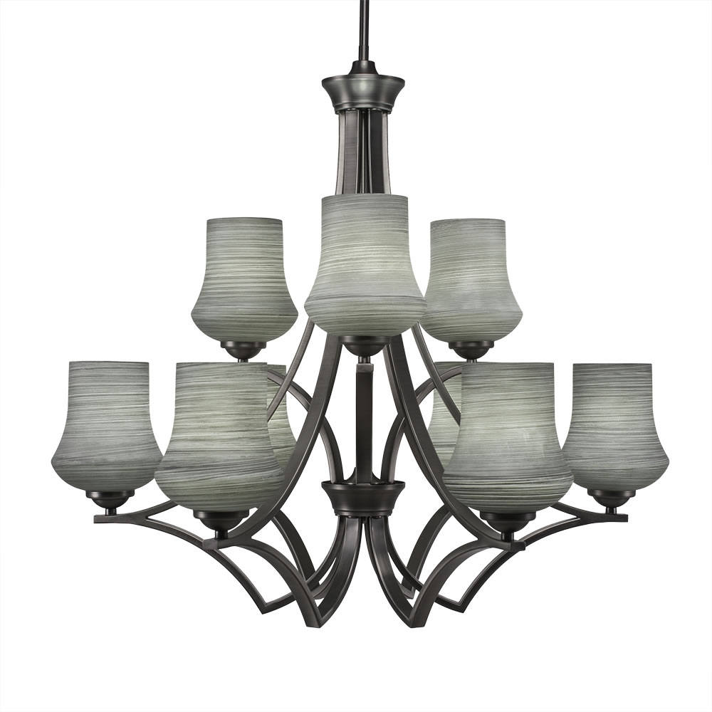 Zilo 9 Light Chandelier Shown In Matte Black Finish With 5.5" Zilo Gray Linen Glass