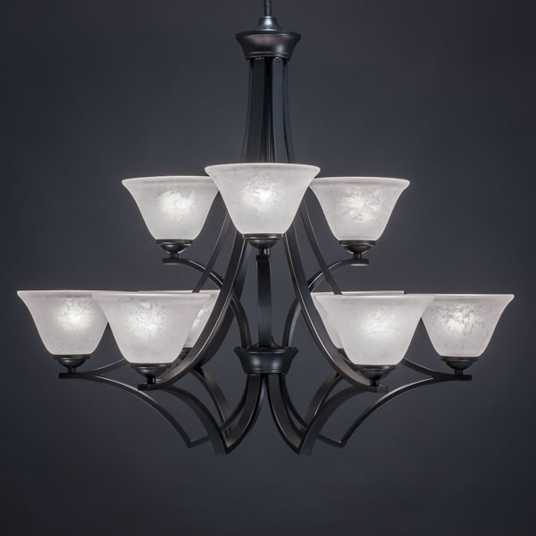 Zilo 9 Light Chandelier Shown In Matte Black Finish With 7" White Marble Glass