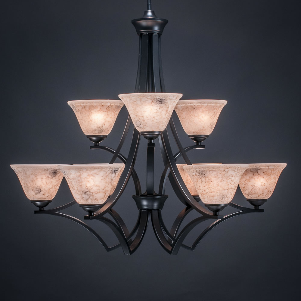 Zilo 9 Light Chandelier Shown In Matte Black Finish With 7" Italian Marble Glass