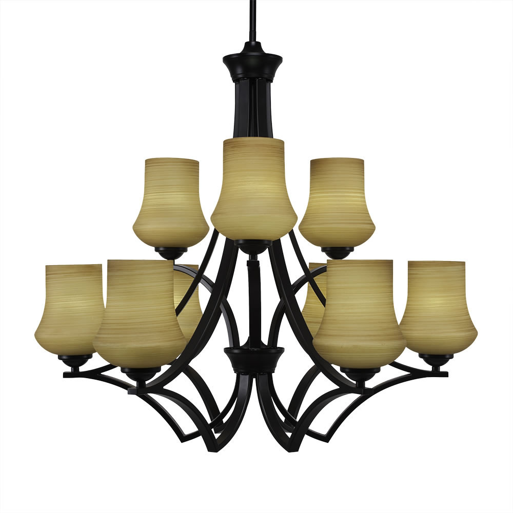 Zilo 9 Light Chandelier Shown In Matte Black Finish With 5.5" Zilo Cayenne Linen Glass