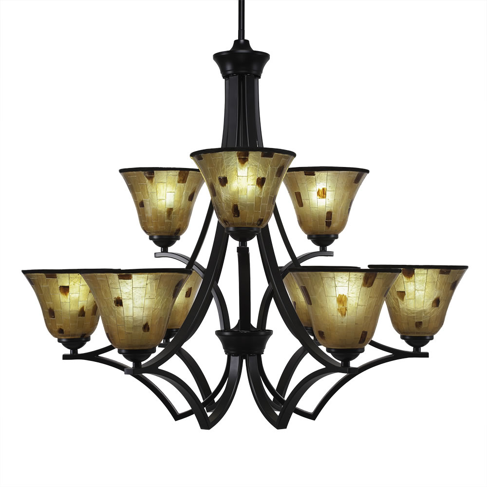 Zilo 9 Light Chandelier Shown In Matte Black Finish With 7" Penshell Resin