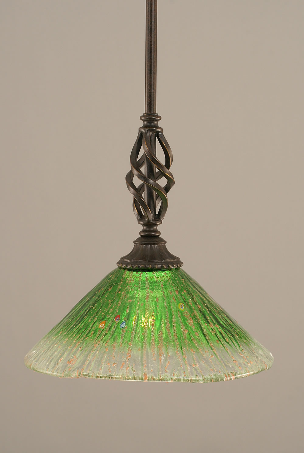 Eleganté Mini Pendant With Hang Straight Swivel Shown In Dark Granite Finish With 10" Kiwi Green Crystal Glass
