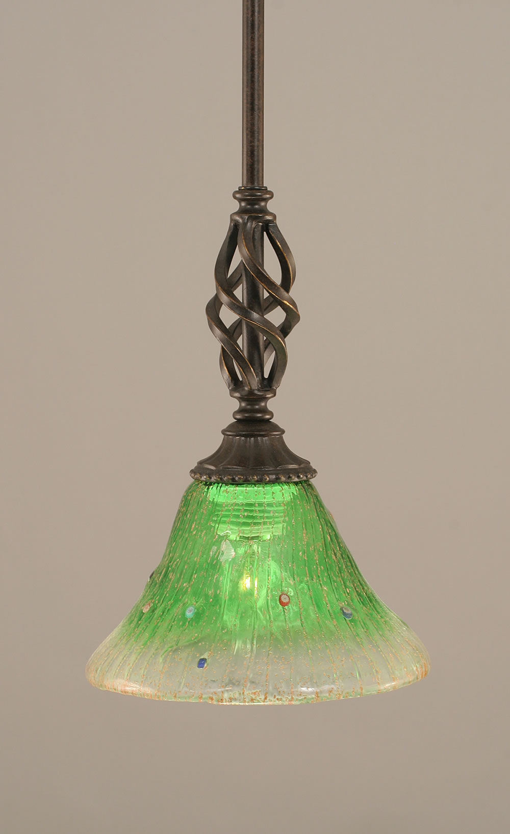Eleganté Mini Pendant With Hang Straight Swivel Shown In Dark Granite Finish With 7" Kiwi Green Crystal Glass