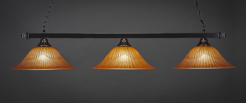 Square 3 Light Bar Shown In Black Copper Finish With 16" Tiger Glass