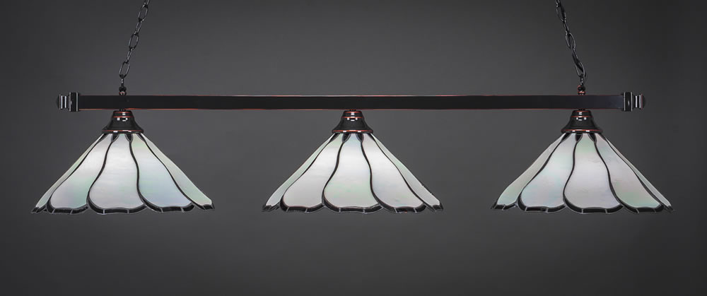 Square 3 Light Bar Shown In Black Copper Finish With 16" Pearl & Black Flair Tiffany Glass