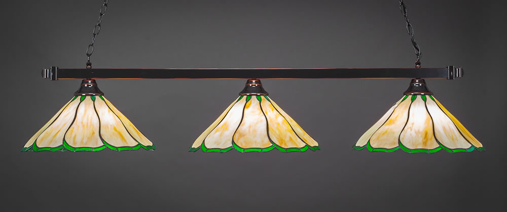 Square 3 Light Bar Shown In Black Copper Finish With 16" Honey & Hunter Green Flair Tiffany Glass